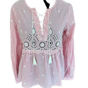 GAP pink/white striped lace up top with tassel tie and eyelet & embroidery sz XS